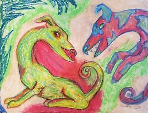 Greyhound Whippet Folk Art Print Signed by Artist Ksams 8x10 Play Fighting Dogs