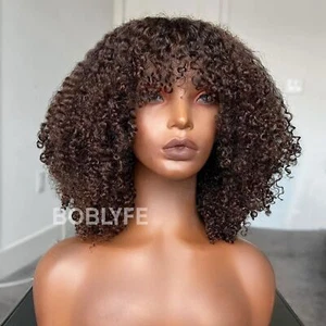 Afro Brown Kinky Curly Wig with Bangs Full Machine Made Short Human Hair Wigs - Bild 1 von 14