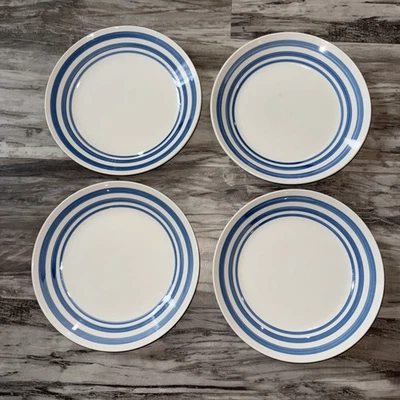 Juego de 4 platos de cena vintage Gibson de cerámica a rayas blancas azules vajilla 10 pulgadas Foto 1 de 4