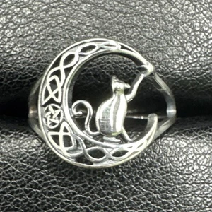 New Condition Sterling Silver Kitty Cat Crescent Moon Ring 925 Size 7 R01 - Picture 1 of 7