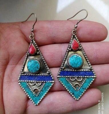 Orecchino vintage in argento con pendente a goccia, corallo e turchese,... - Immagine 1 di 4