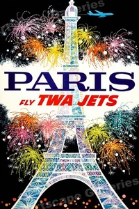 Paris - Fly TWA 1962 Eiffel Tower Vintage Style Air Travel Poster - 24x36 - Picture 1 of 3