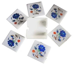 Marble Coaster Set Floral Pattern Inlaid Decent Look Table Master Piece Gift Her - Bild 1 von 3