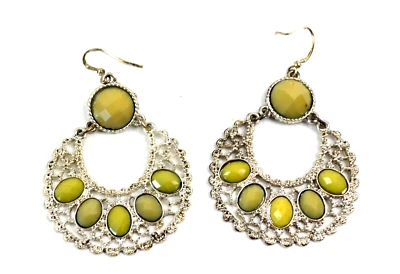 Lia Sophia Earrings Green Flat Faceted Unknown Stones Silver Tone Dangles 2.5" - Image 1 of 4