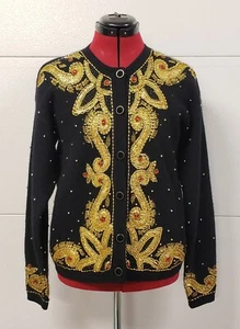 Marisa Christina Lambswool Blend Black Sweater Cardigan Beaded Holiday Small - Picture 1 of 8