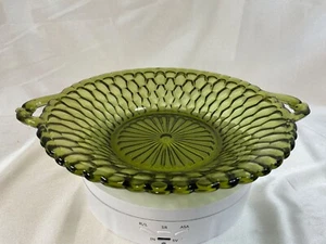 Vintage Indiana Glass Green Honeycomb Pattern Handled Relish - Picture 1 of 6