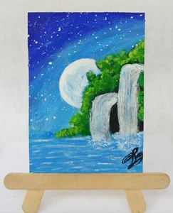 ACEO Original Acrylic Painting WATERFALL SCENERY Miniature Art Card New - Afbeelding 1 van 6