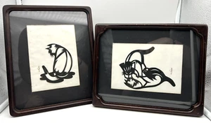 Set of 2 Black Cat Scherenschnitte Paper Cut Silhouette Art Signed Framed - Picture 1 of 12