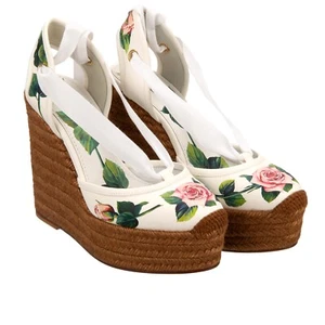 DOLCE & GABBANA Rose Ribbon Wedge Plateau Sandals Pumps Raffia Heel LOLA White - Picture 1 of 8