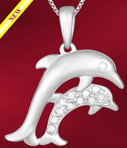 "DOLPHINS" PENDANT CHARM 14K WHITE GOLD & DIAMONDS (030) - Picture 1 of 1