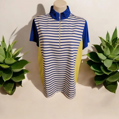Chico's Zenergy гольф короткий рукав 1/4 молнии в полоску Royal синий/лайм размер 3 - Изображение 1 из 4