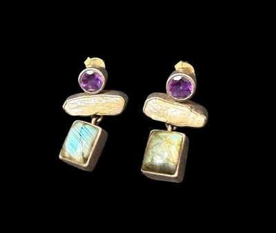 925 Silver Amethyst Labradorite Baroque Pearl Dangle Earrings Pierced Sterling - Image 1 of 4