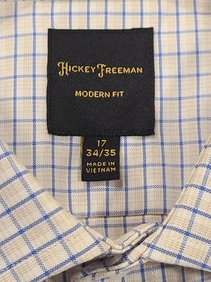 Hickey Freeman 男式衬衫 17 - 34/35 白色/蓝色/米色格子现代合身纽扣 — 第 1/4 张图片