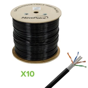 CAT6 1000FT UTP Solid Copper Outdoor Direct Burial LDPE 23AWG Black 10-Pack - Picture 1 of 2