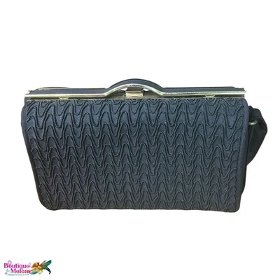Box Style Vintage Evening Bag 1940s Black zipper Teeth Texture Deco Gold Clasp - Image 1 of 4