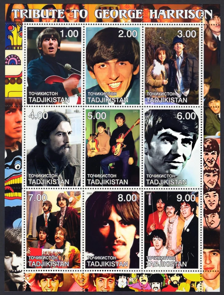 Tajikistan 2001 TRIBUTE TO GEORGE HARRISON (My sweet Lord) THE BEATLES Sheet MNH - Image 1 of 1