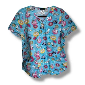 Cherokee Scrub Top L Blue Go with the Float Unicorn Sloth Panda Llama - Picture 1 of 4