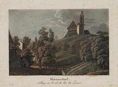 Landschaft mit Hügelkirche, Aquatinta Romantik Stadtbilder Unbekannt (19.Jhd) - Bild 1 von 4