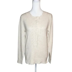 NEW Loft Scalloped Henley Pointelle Heathered Cream Sweater Size Small - Picture 1 of 7