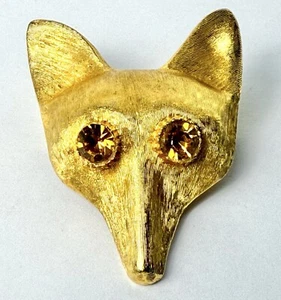 Vintage Fox Head Brooch Pin Rhinestone Jewel Eyes Gold Tone 1950s 60s Equestrian - Picture 1 of 11
