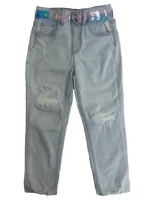Justice Girls Distressed Raw Hem Belted Jeans Light Blue Denim Stretchy - Picture 1 of 1
