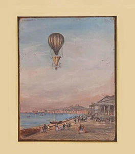 CHAPA DE GLOBOS SOBRE CIUDAD CON MAR. REPLICA. 35 X 26 CM - Imagen 1 de 1