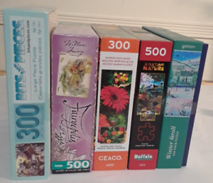 LOT OF 5 USED JIGSAW PUZZLES, NATURE FANTASY COLORFUL, LARGE PIECES 300-500