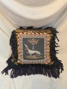 Vintage Belgien Wandteppich KISSEN, WEISSER WHIPPET HUND, Buillion Fransen, DAUNENEINSATZ - Bild 1 von 12