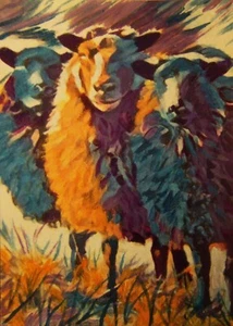 PRINT Mum's Colored Sheep Flock  by Donna Suttle ACEO ATC 2.5x3.5 inches - Picture 1 of 1