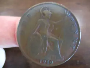 1919 one penny 1 cent GERGIVS V DEI GRA BRITT OMN REX FID DEF IND IMP LARGE - Picture 1 of 2