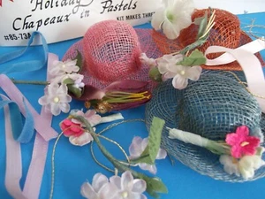 3 Vtg Easter Hat Kit~woven hats, Millinery Flowers,ribbons~DOLLS HAT,DECORATION - Picture 1 of 6