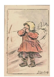 Little Girl Protecting Her Face from Winter Wind Postcard Artist Signed Old Art - Picture 1 of 2