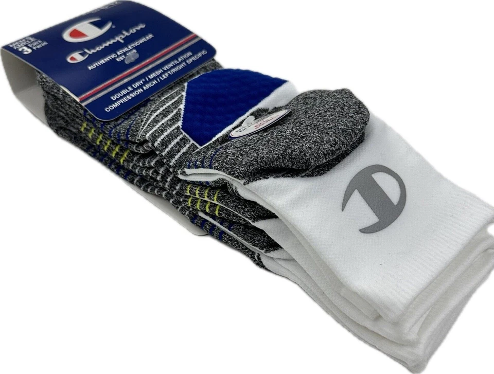 Champion Adult 3 Pk White Blue Ankle Polyester Cushion Athletic Sock Set Sz 6-12