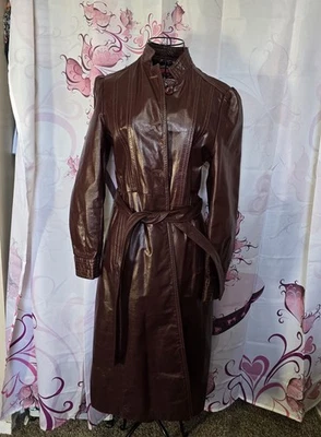 VINTAGE Bermans Genuine Leather Womens Med Lined Burgundy Maroon Trench Coat  - Image 1 of 4