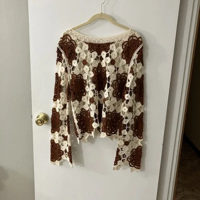 Suéter Recortado Transparente Tela Por Diseño Y2K Crochet Marrón Crema Floral Grande Foto 1 de 4