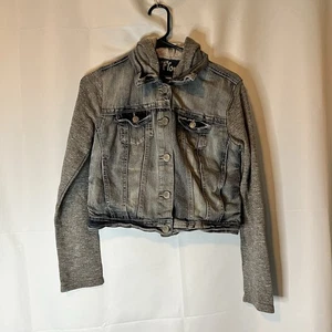 Wallflower Women’s Denim And Gray Hooded Cropped Jacket Size Medium - Picture 1 of 5