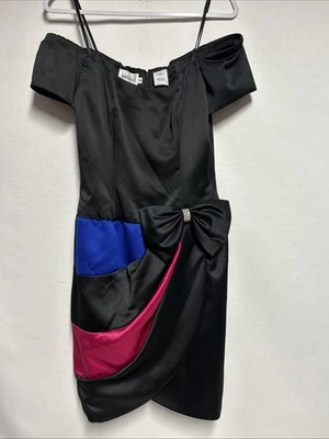 Vestido de coquetel Leslie Faye Evenings vintage tamanho 4 semi formal preto rosa com laço - Imagem 1 de 4