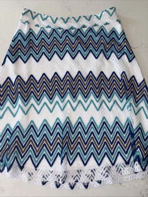Zac & Rachel Womens Skirt PM Blue/White Chevron A-line Midi Stripe Skirt Crochet - Image 1 of 4