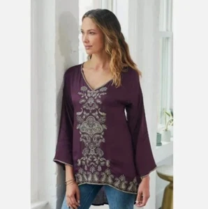 Soft Surroundings NWT Idaira Purple Embroidered V-neck 3/4 sleeve tunic, M - Picture 1 of 8