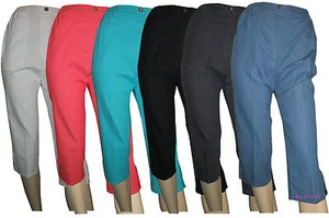 Ladies Womens Casual ¾ Capri Crop Trousers Elasticated Zip Pockets Summer Shorts - Picture 1 of 7