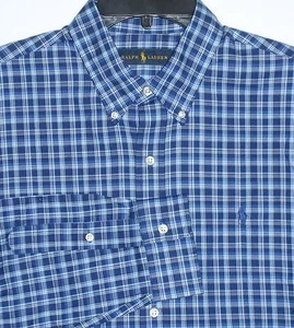 Neu mit Etikett UVP $ 98 - Ralph Lauren kariertes L/S Herrenhemd aus 100 % Baumwolle, marineblau schieferfarben, L XL - Bild 1 von 4