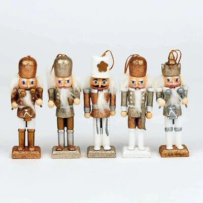 Christmas Nutcrackers Decor Wooden Figures Xmas Ornament 5Pcs Gold Silver White - Image 1 of 4