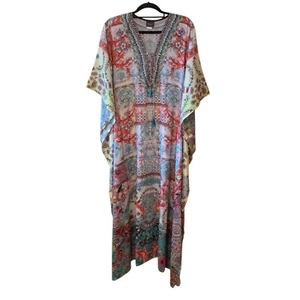 Kaftan Women's Luxe Resort Dress Embellished V-Neck Vivid Pattern Colors Boho OS - Picture 1 of 14