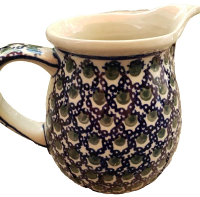 Jarra crema cerámica polaca Boleslawiec hecha a mano en Polonia azul verde Foto 1 de 4