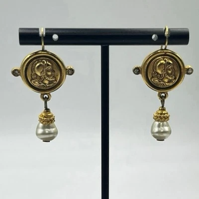 Ben-Amun Gold Plated Coin Roman Inspired White Glass Pearl Dangle Earrings  - Image 1 of 4