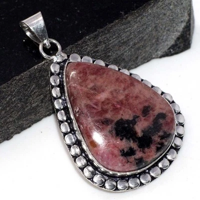 Colgante étnico de rodonita enchapado en plata 925 hecho a mano joyería tamaño 2" GW Foto 1 de 3