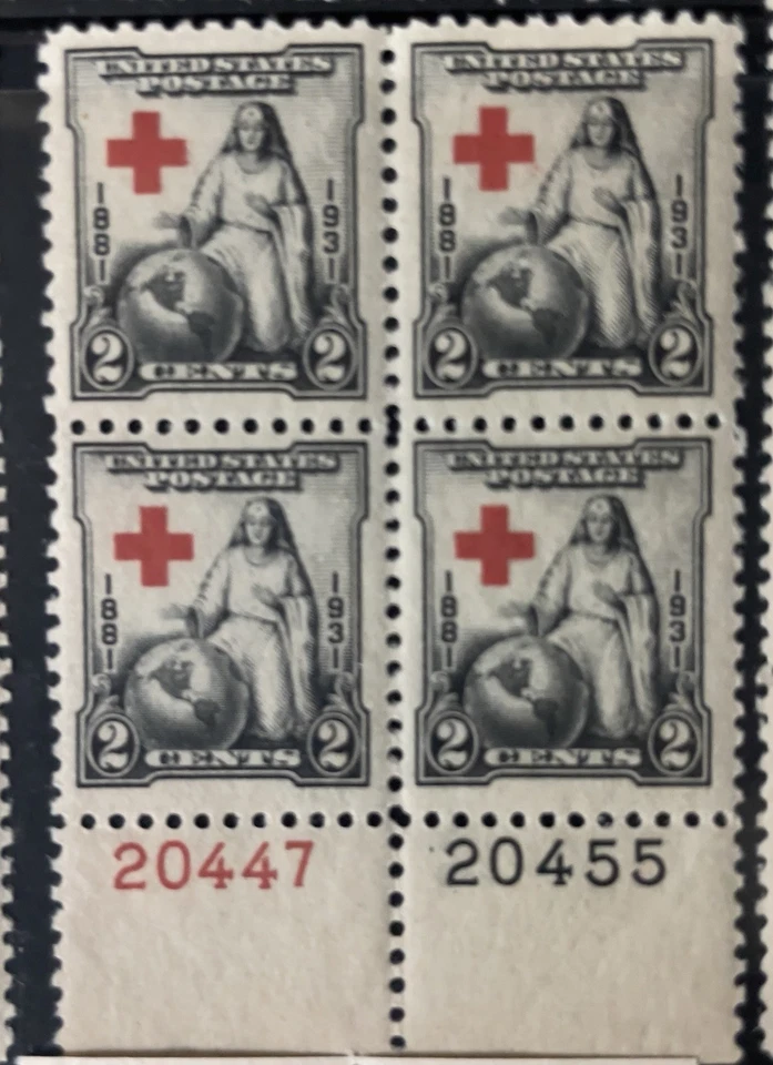 Scott 702, 2c Red Cross, Plate block/4, Bottom #s20447(R)/20455(B) MNH Free Ship - Image 1 of 1