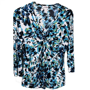 Chico's Damengröße 2 US L Größe 12 geraffte Bluse Oberteil 3/4-Arm in Türkis Multi - Bild 1 von 7