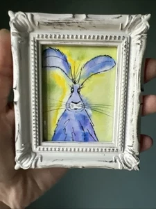 Lepre, coniglio, acquerello, carino, divertente, originale, dipinto in miniatura, piccolo, mini, incorniciato - Foto 1 di 5