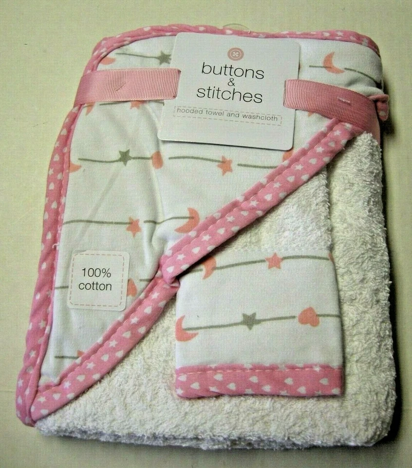 Hooded Towel & Washcloth By Buttons & Stitches, Pink & White, Brand New - Image 1 of 1